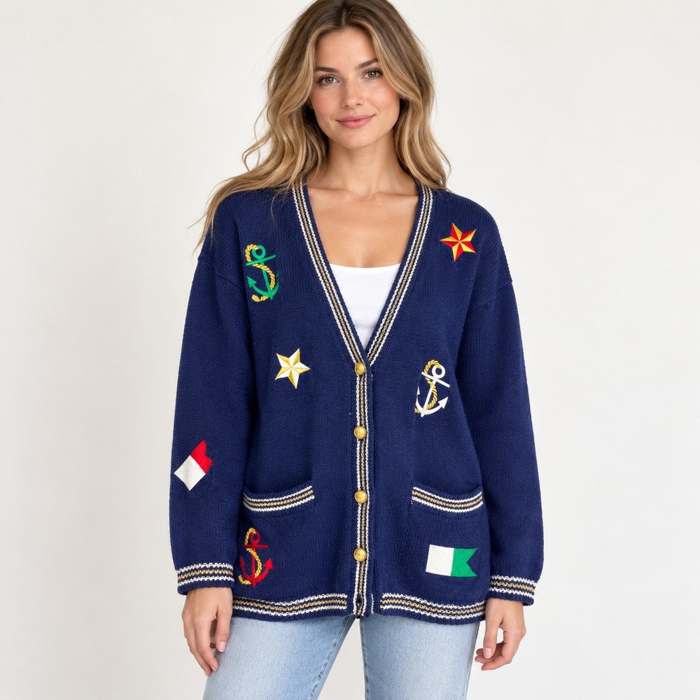 Vintage Karen Scott Nautical Cardigan Navy Blue Embroidered Anchor Star Sweater